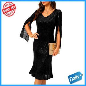 Sequin Midi Fishtail Dress Elegant Formal Cocktail Party Wear Bodycon Silhouette